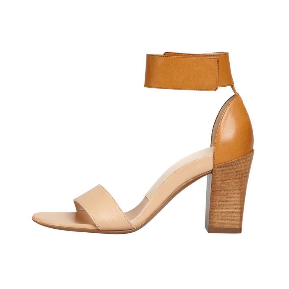 Chloe Sz. 9.5 Stacked-Heel Ankle-Wrap Sandal in Teak/Apricot Quite Luxury